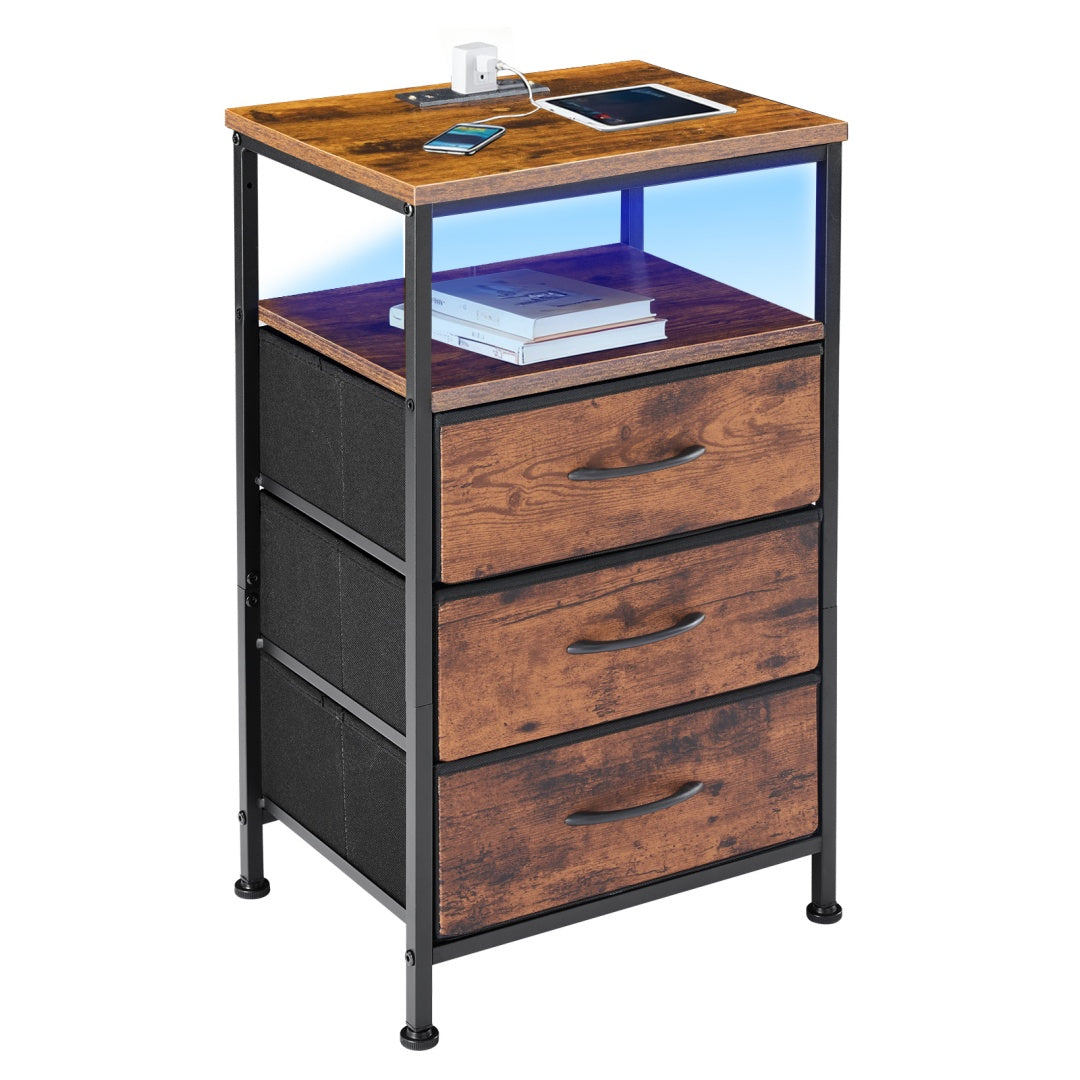 Nightstand With Charging Station, Bedside End Table With 5 Fabric Drawers & USB-Type-C Ports And Outlets